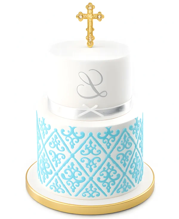 Двухъярусный голубой торт на крестины мальчика Фото