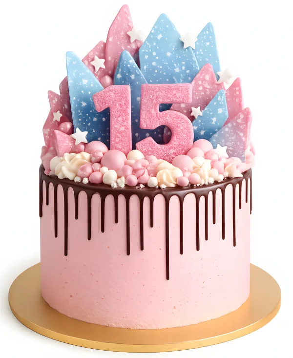 Розовый торт с шоколадными фигурами Фото