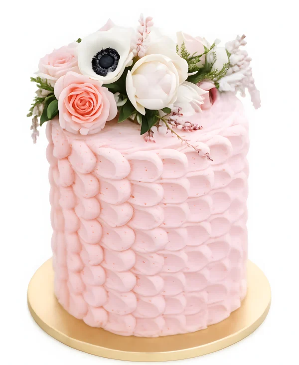 Розовый рельефный торт украшенный живыми цветами Фото