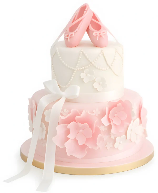 Торт балерина с розовыми цветами и пуантами Фото
