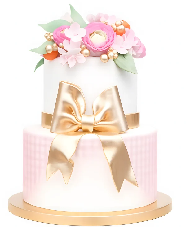 Торт оригинальный с золотым бантом и цветами Фото