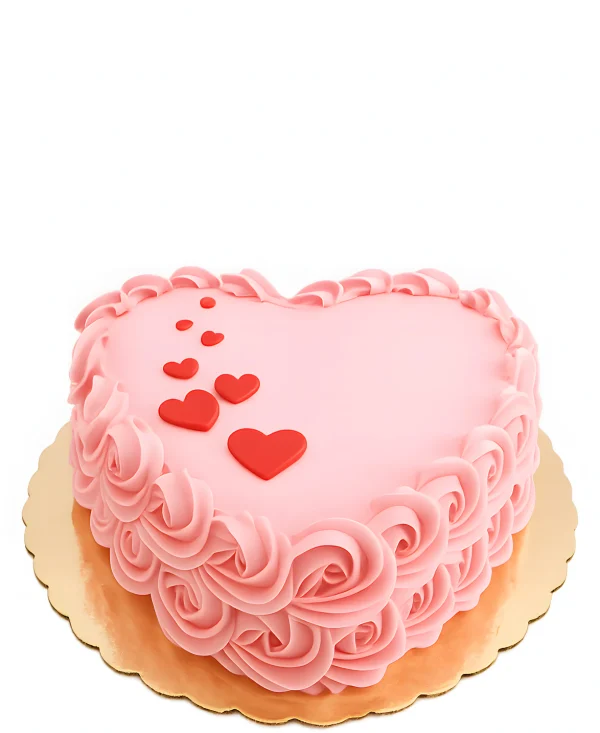 Розовый торт в форме сердца украшенный красными сердцами Фото