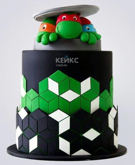 Черный торт Черепашки ниндзя с зелеными кубами Фото