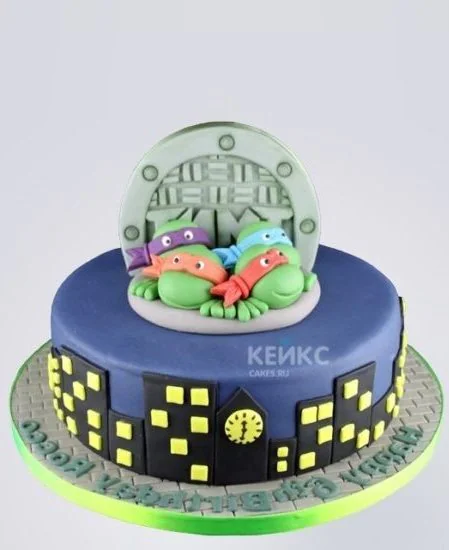 Фиолетовый торт Черепашки ниндзя с люком и ночным городом Фото