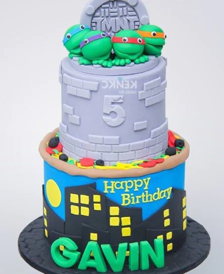 Двухъярусный торт Черепашки ниндзя с люком и пиццей Фото