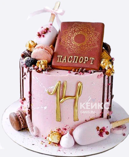 Розовый бенто торт девочке на 14 лет с паспортом и сладостями Розовый бенто торт девочке на 14 лет с паспортом и сладостями Фото