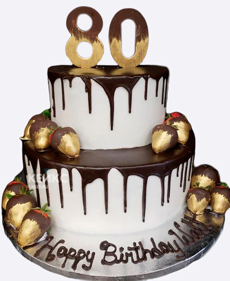 Двухъярусный торт на юбилей 80 лет с клубникой в шоколаде Двухъярусный торт на юбилей 80 лет с клубникой в шоколаде Фото