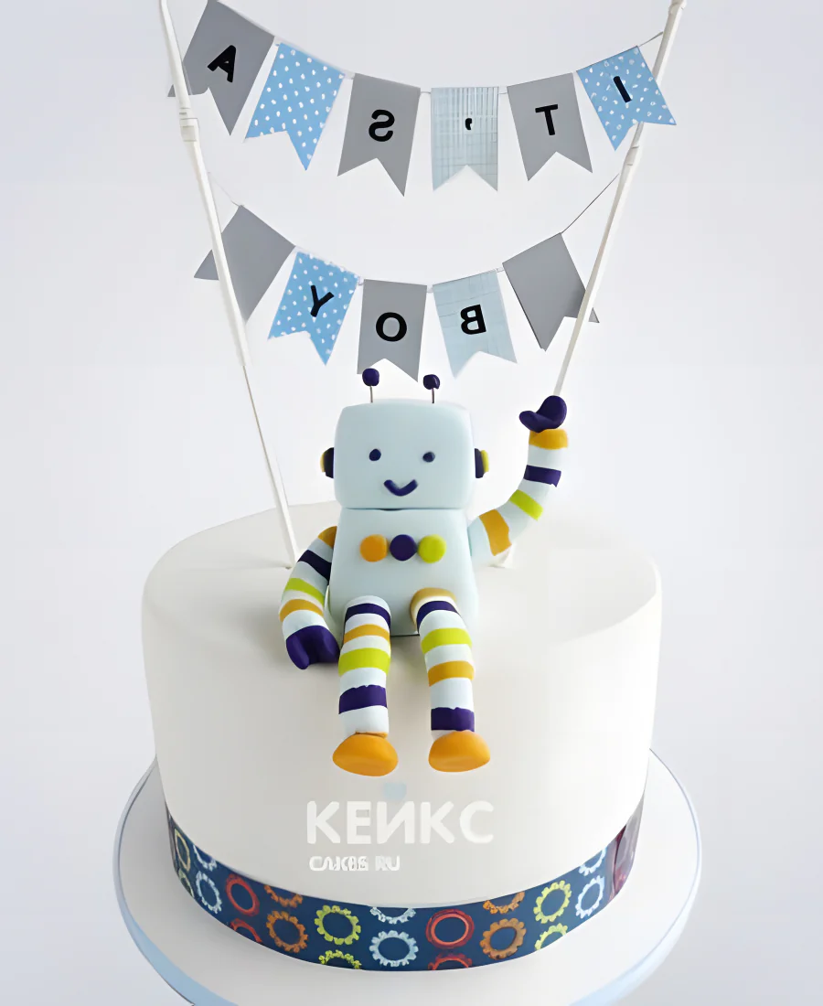 Белый торт с роботом и флажками Белый торт с роботом и флажками Фото