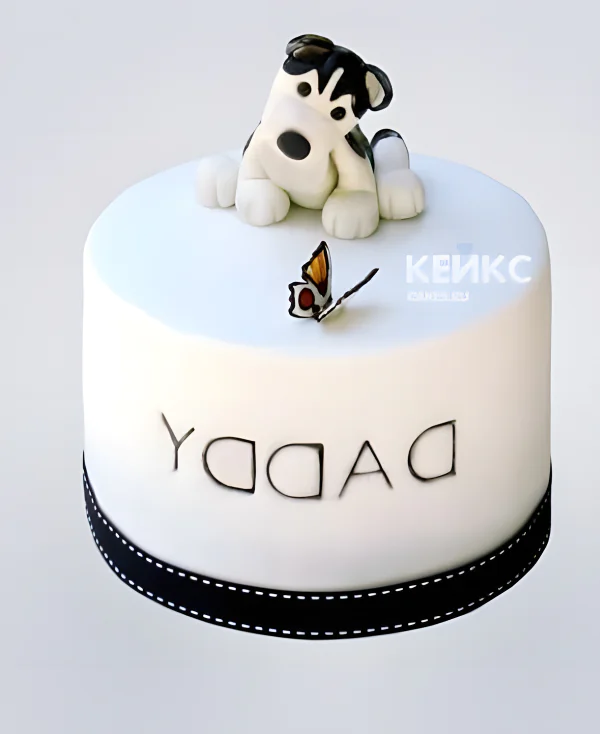Белый торт с собачкой хаски и бабочкой Белый торт с собачкой хаски и бабочкой Фото