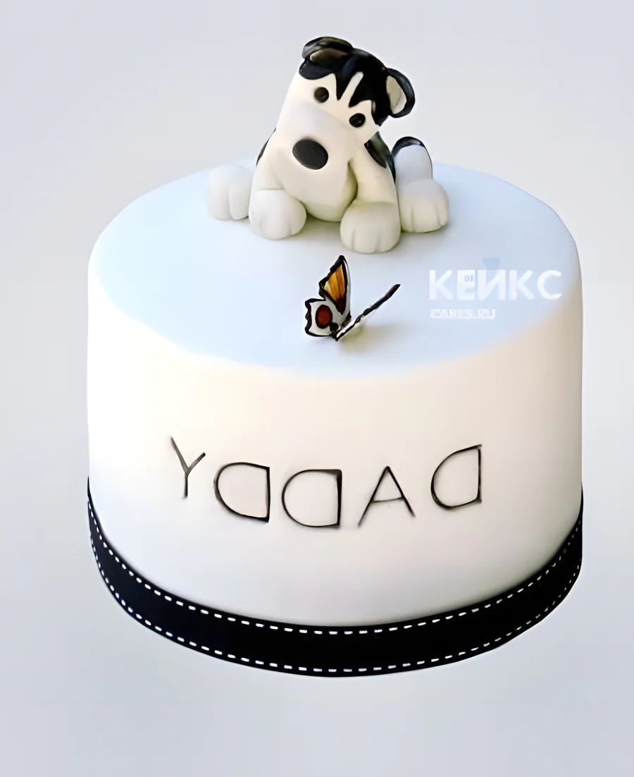 Белый торт с собачкой хаски и бабочкой Белый торт с собачкой хаски и бабочкой Фото