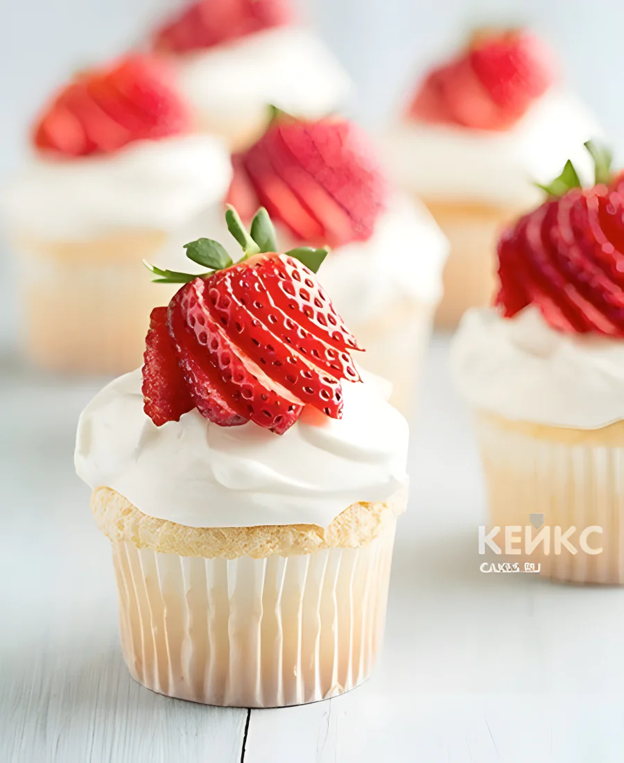 Милые капкейки с кремом и кусочками клубники Милые капкейки с кремом и кусочками клубники Фото