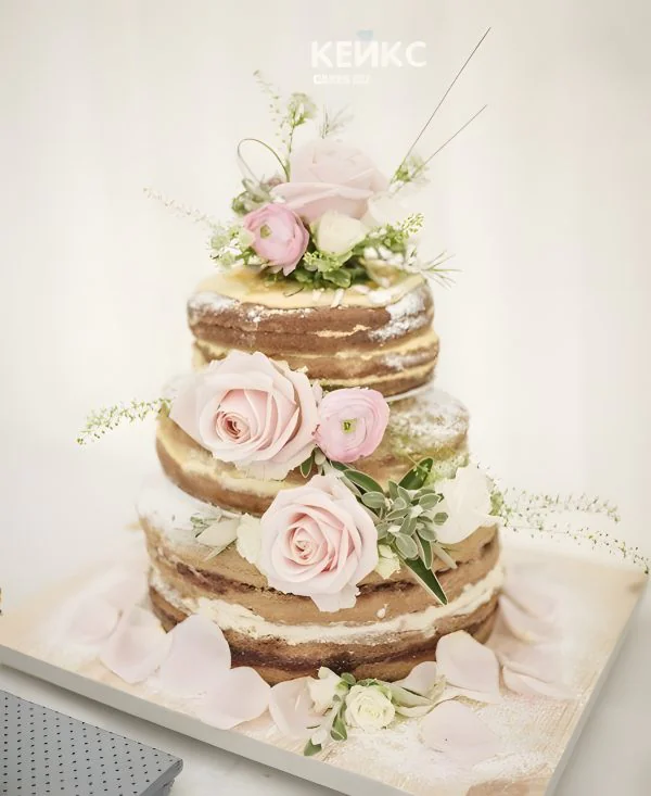Голый свадебный торт с розовыми цветами Фото