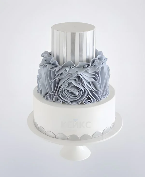Серебряно-белый свадебный торт с кружевами Серебряно-белый свадебный торт с кружевами Фото