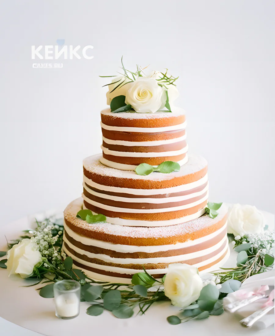 Свадебный торт с открытыми коржами и белыми розами Свадебный торт с открытыми коржами и белыми розами Фото