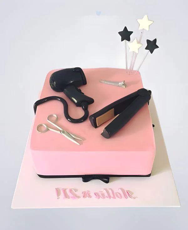 Розовый торт для парикмахера с феном и плойкой Фото