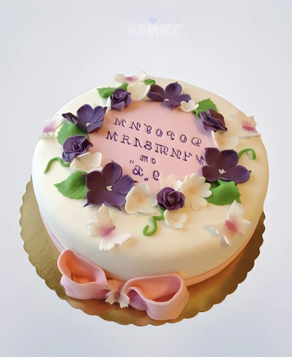 Торт для учителя с цветами и бантиком Фото