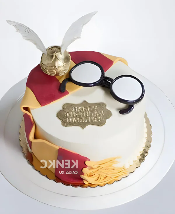 Торт в стиле Гарри Поттера с очками и шарфом Фото