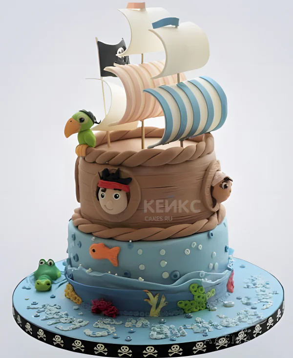 Двухъярусный торт в виде пиратского кораблика с попугаем Двухъярусный торт в виде пиратского кораблика с попугаем Фото