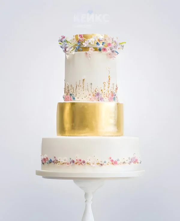 Бело-золотой торт с маленькими цветочками на корпоратив Фото