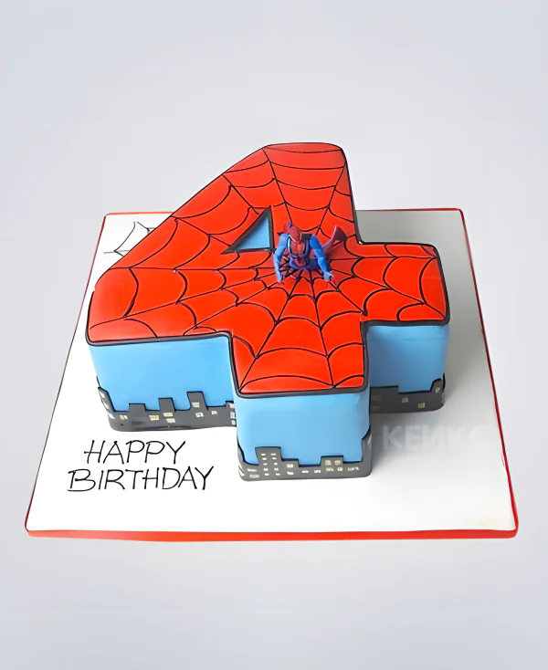 Красно-синий торт в виде цифры в стиле Человека паука Фото