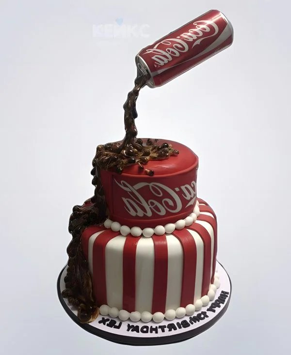 Двухъярусный гравитационный торт с логотипом компании Coca-Cola Двухъярусный гравитационный торт с логотипом компании Coca-Cola Фото