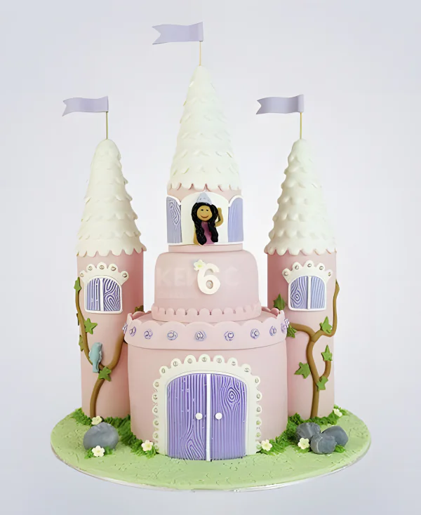 Торт в виде замка с башнями и принцессой Торт в виде замка с башнями и принцессой Фото