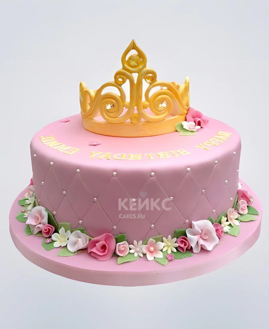 Торт бело-розовый с короной и цветами Фото
