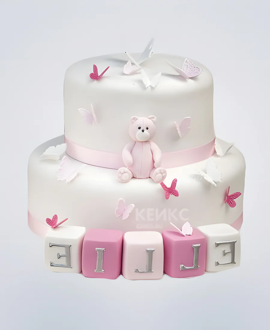 Нежный торт с мишкой и бабочками Фото