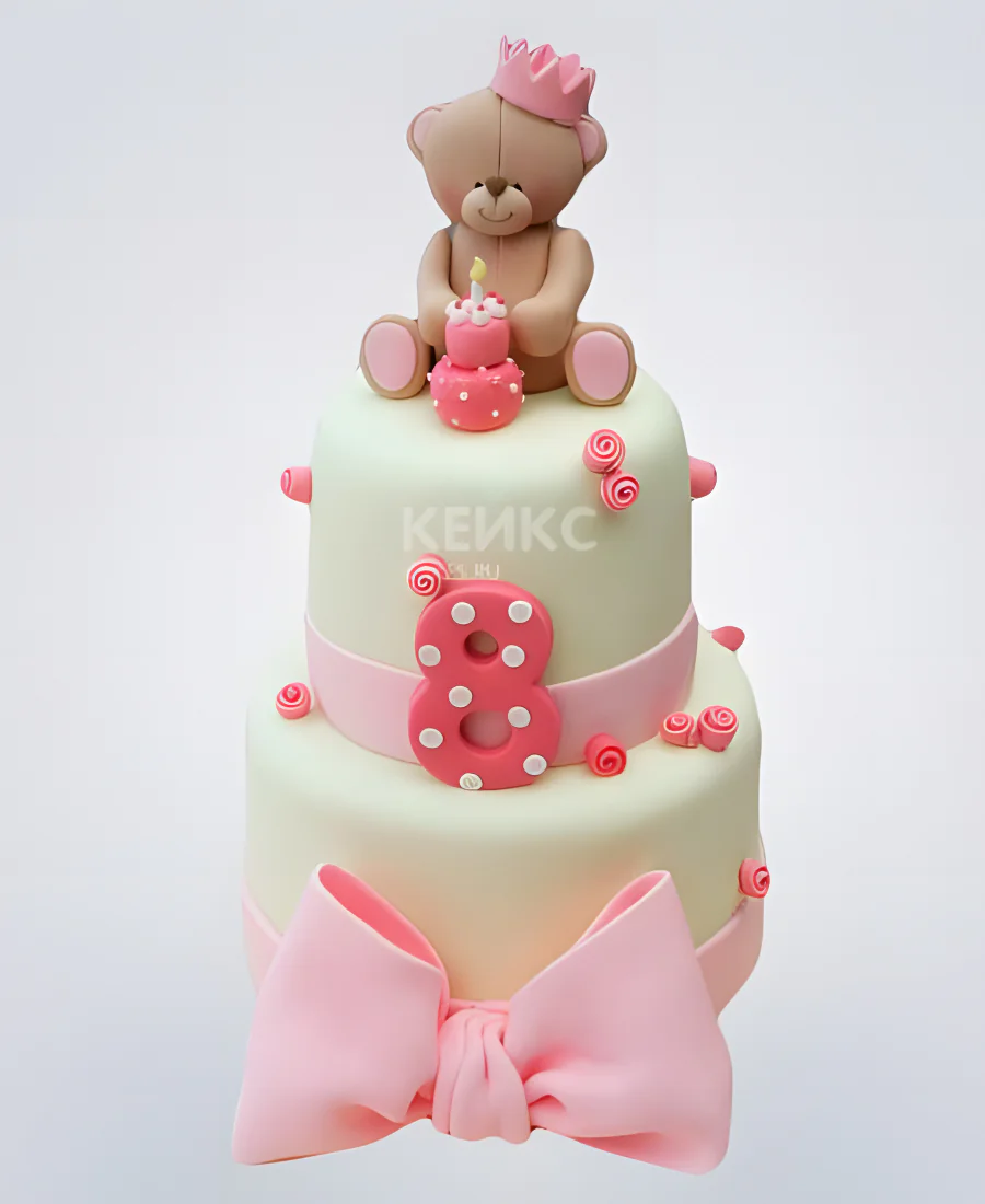 Торт бело-розовый с медвежонком и цифрой Фото