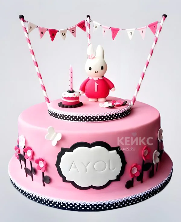 Торт бело-розовый с зайчиком и цветочками Торт бело-розовый с зайчиком и цветочками Фото