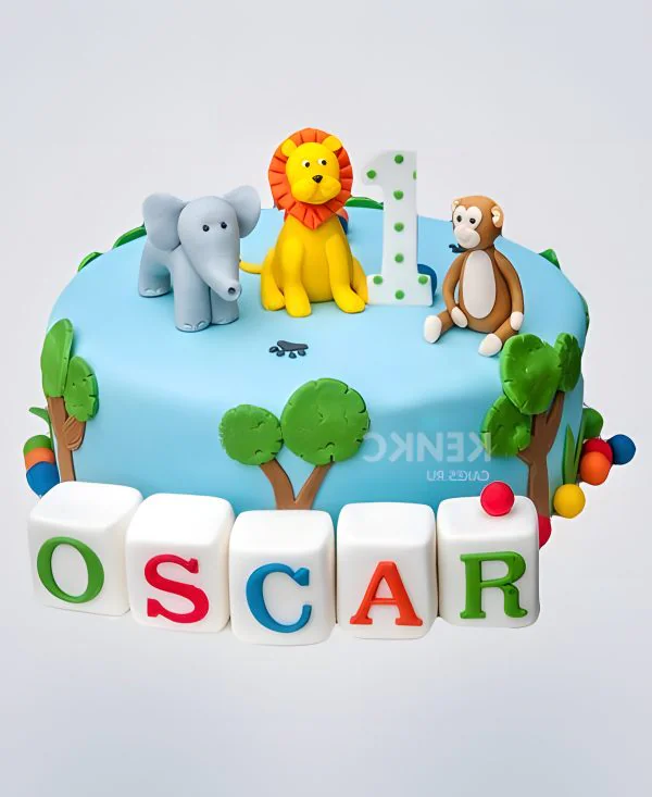 Голубой торт с фигурками животных Фото