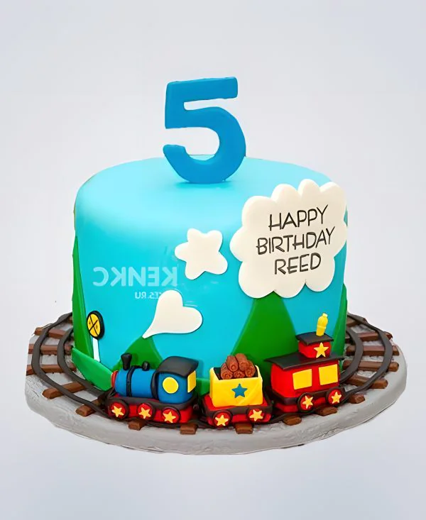 Торт бирюзовый с цифрой и паровозом Фото