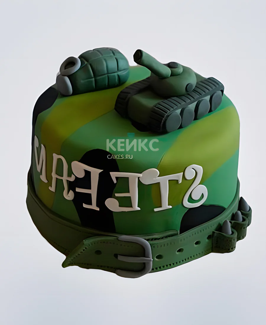 Торт с фигуркой танка и гранаты в стиле хаки Торт с фигуркой танка и гранаты в стиле хаки Фото