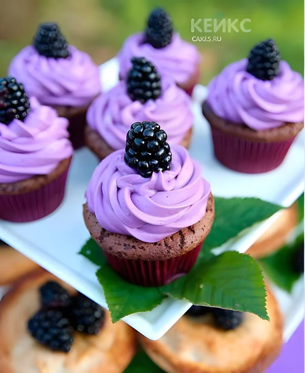 Шоколадные капкейки украшенные фиолетовым кремом и ежевикой Шоколадные капкейки украшенные фиолетовым кремом и ежевикой Фото