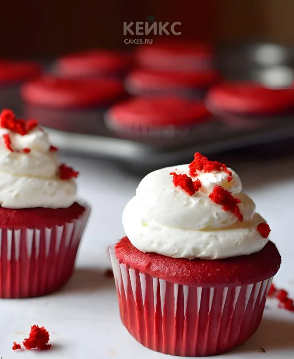 Красные капкейки с белым кремом и крошкой Красные капкейки с белым кремом и крошкой Фото