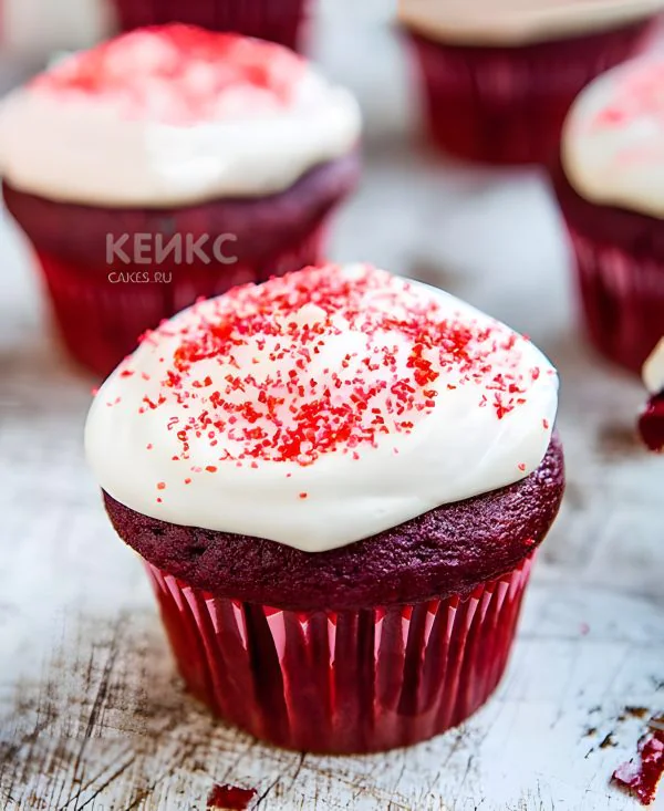 Красные капкейки с белым кремом и красным драже Красные капкейки с белым кремом и красным драже Фото