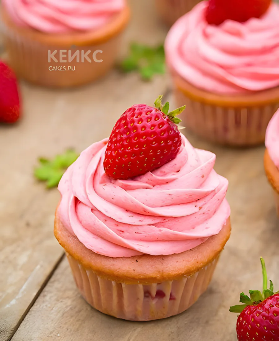 Капкейки с розовым кремом и клубникой Капкейки с розовым кремом и клубникой Фото