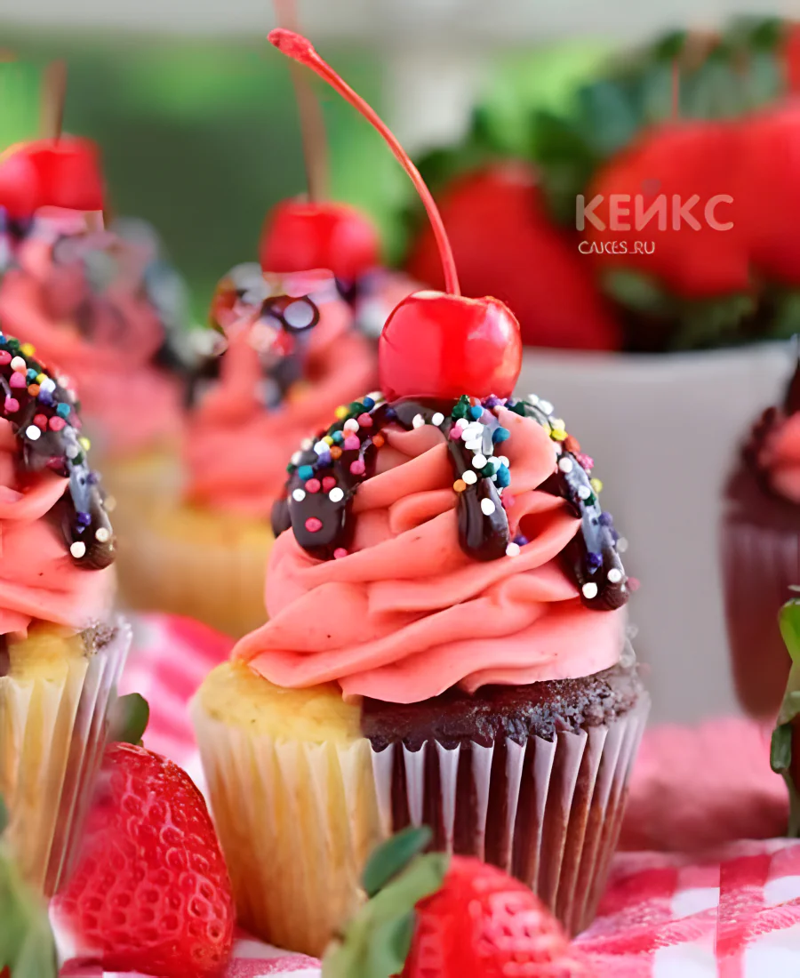 Капкейки с розовым кремом и вишней Капкейки с розовым кремом и вишней Фото