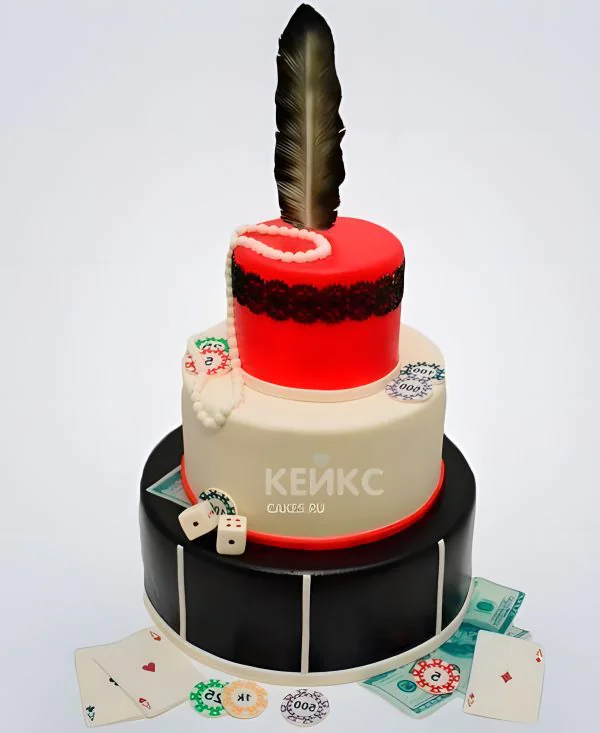 Свадебный Торт с деньгами, фишками, жемчугом и пером Свадебный Торт с деньгами, фишками, жемчугом и пером Фото