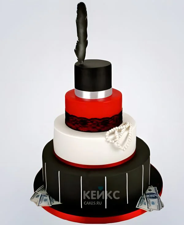 Свадебный торт с черным пером и яркими цветами Свадебный торт с черным пером и яркими цветами Фото