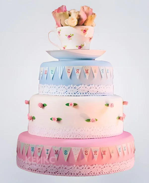 Свадебный Торт в стиле Шебби Шик с флажками и чашками Свадебный Торт в стиле Шебби Шик с флажками и чашками Фото