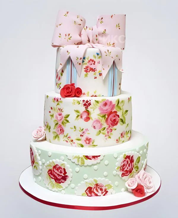 Свадебный торт Шебби Шик с большим розовым бантом Фото