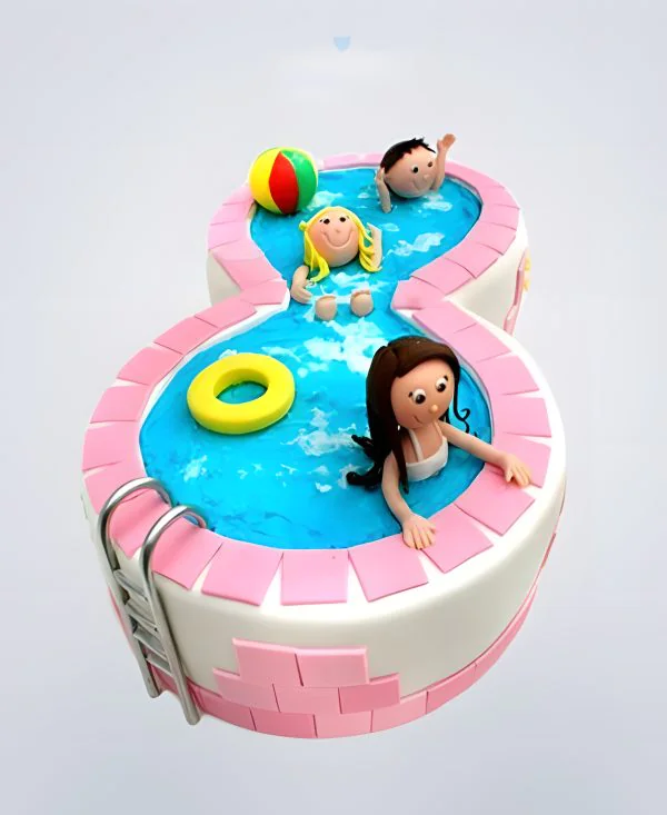 Забавный розовый торт бассейн с фигурками детей Забавный розовый торт бассейн с фигурками детей Фото