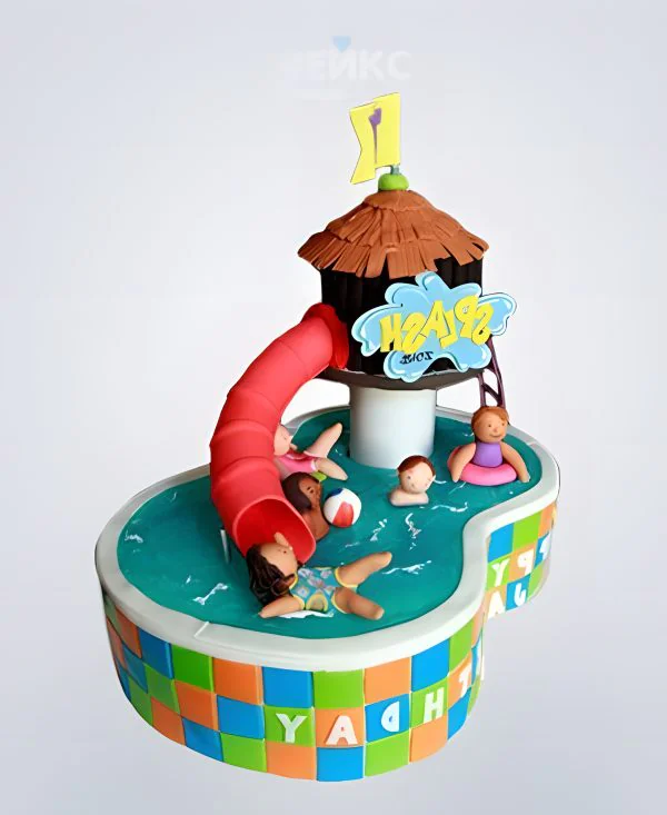 Забавный торт бассейн с красной горкой Забавный торт бассейн с красной горкой Фото