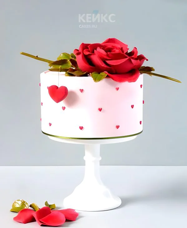 Белый торт с красной розой Фото
