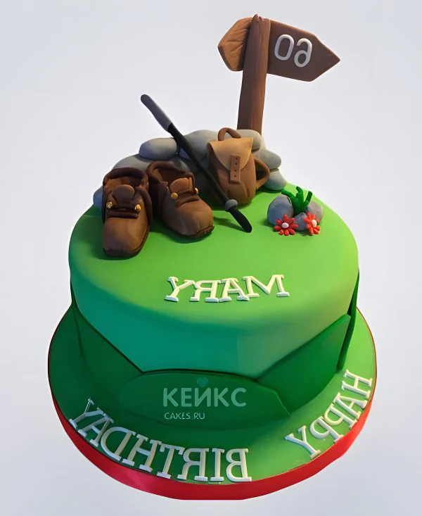 Торт зеленый с рюкзаком и башмаками Торт зеленый с рюкзаком и башмаками Фото