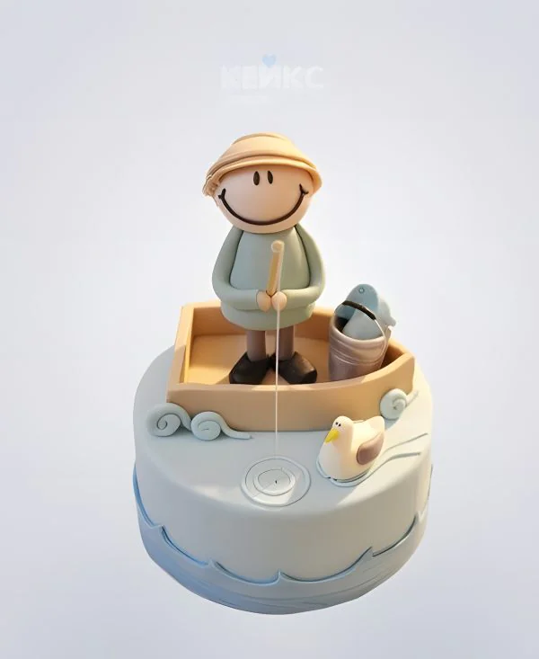 Торт с фигуркой рыбака в нежно-голубых тонах Торт с фигуркой рыбака в нежно-голубых тонах Фото