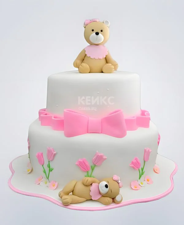 Торт с мишками и розовым бантом Фото