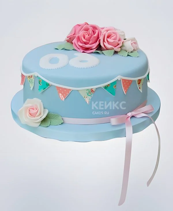 Яркий голубой торт с гирляндой и цветами Яркий голубой торт с гирляндой и цветами Фото