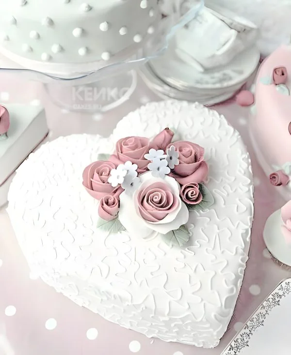 Ажурный белый торт в виде сердца с цветами Ажурный белый торт в виде сердца с цветами Фото